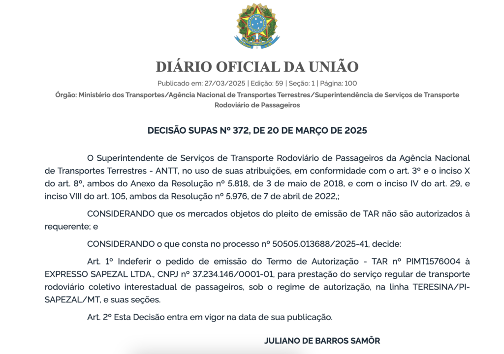ANTT nega pedido da Expresso Sapezal (Davi Turismo) para operar linha interestadual entre Teresina e Sapezal 1 Captura de Tela 2025 03 27 as 08.43.18