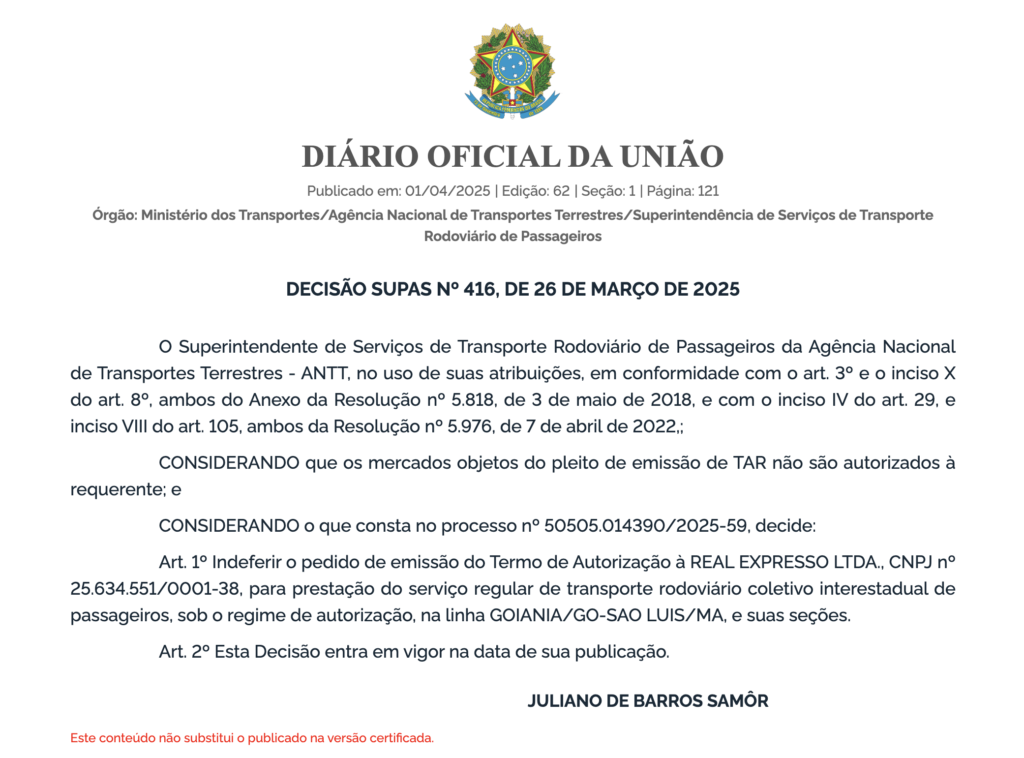 ANTT nega pedidos da Real Expresso 3 Captura de Tela 2025 04 01 as 12.53.10