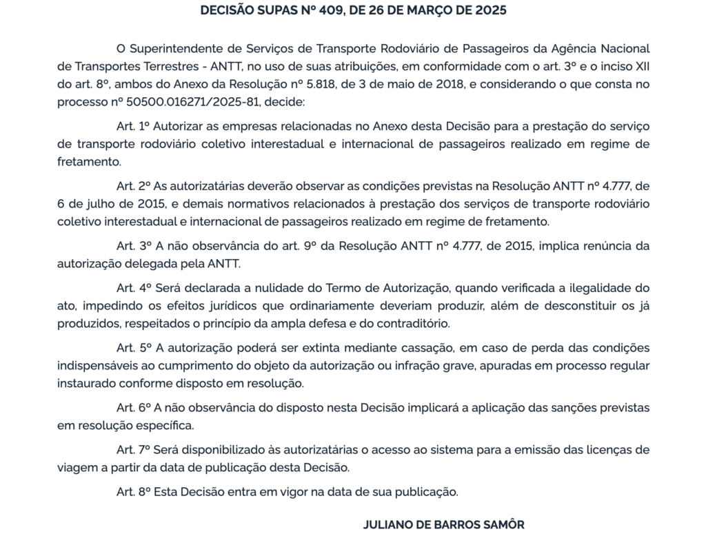ANTT autoriza novas empresas para transporte rodoviário de fretamento interestadual e internacional 1 ANTT