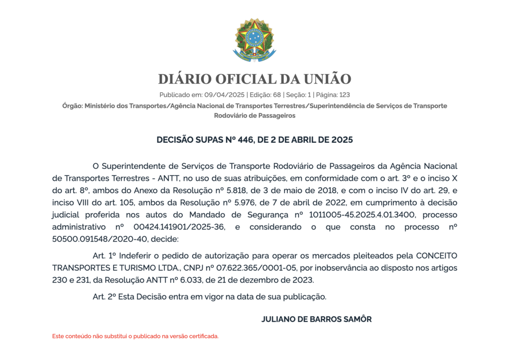 ANTT indeferiu novos pedidos da Conceito Transportes (Expresso Concorrência) para operar linhas rodoviárias interestaduais 1 ANTT