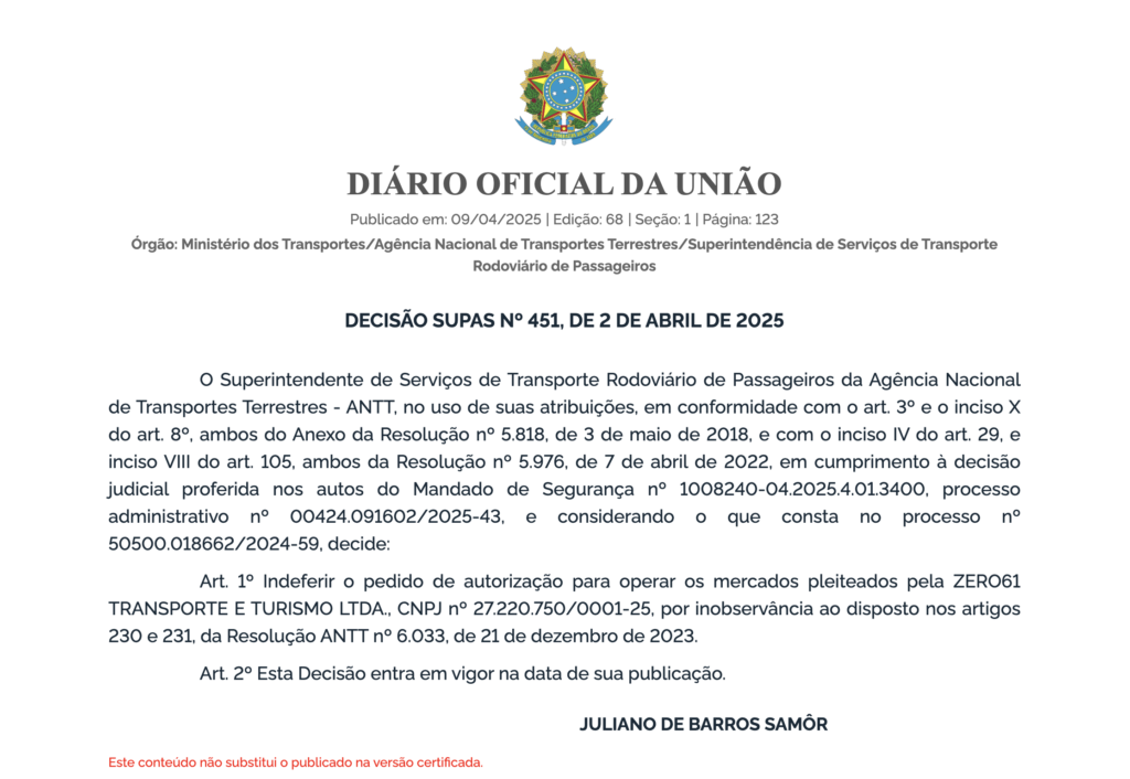 ANTT indefere pedidos da Zero61 Transporte (Viação Riviera) para operar linhas interestaduais 3 ANTT