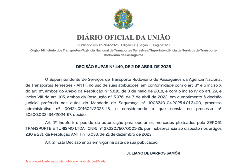 ANTT indefere pedidos da Zero61 Transporte (Viação Riviera) para operar linhas interestaduais 1 ANTT