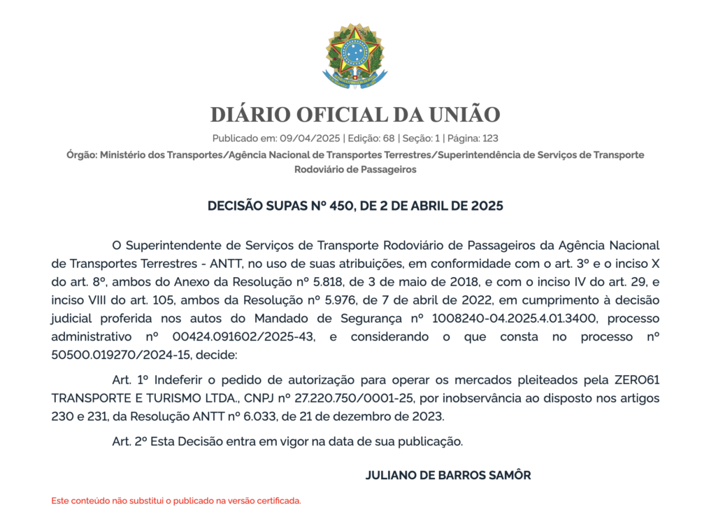 ANTT indefere pedidos da Zero61 Transporte (Viação Riviera) para operar linhas interestaduais 2 Captura de Tela 2025 04 09 as 11.12.48