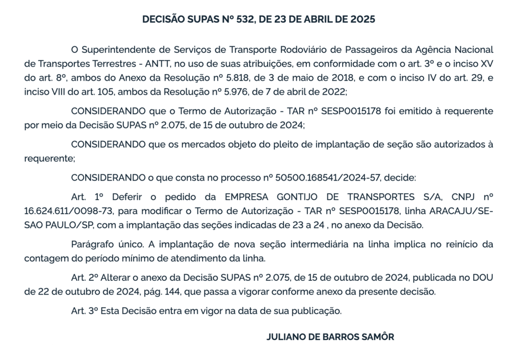 ANTT autoriza novas seções na linha Aracaju/SE – São Paulo/SP operada pela Gontijo 1 Captura de Tela 2025 04 30 as 11.10.14