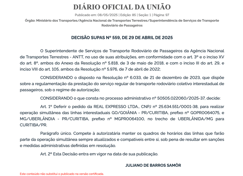 ANTT autoriza operação simultânea da Real Expresso em trecho entre Uberlândia e Curitiba 1 Captura de Tela 2025 05 08 as 08.23.52