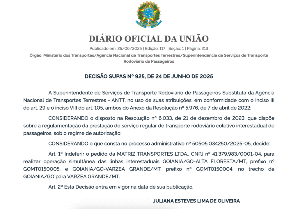 ANTT nega pedido da Matriz Transportes para operação simultânea de linhas em Goiás e Mato Grosso 1 ANTT