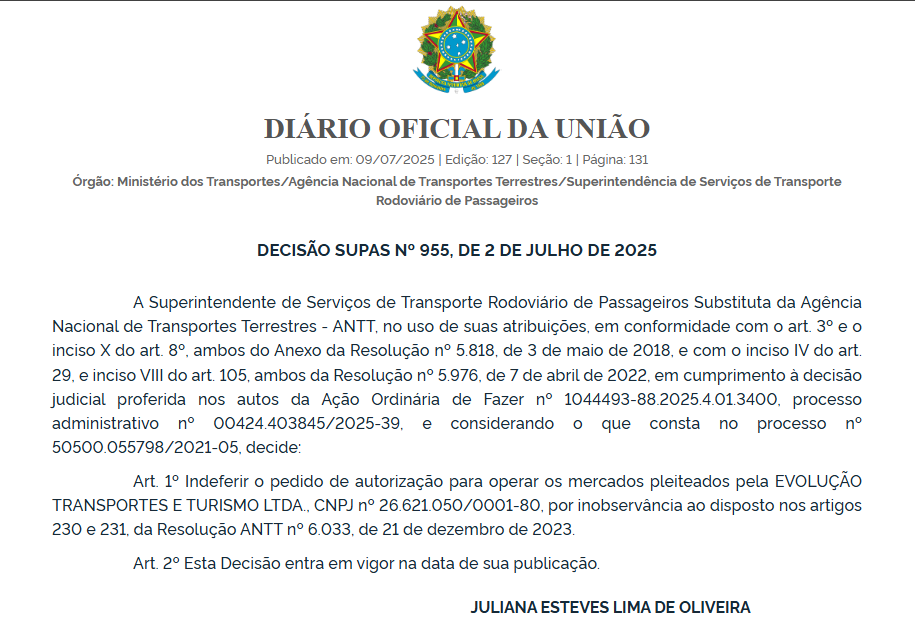 ANTT nega pedido de autorização da Evolução Transportes para novos mercados interestaduais 1 ANTT