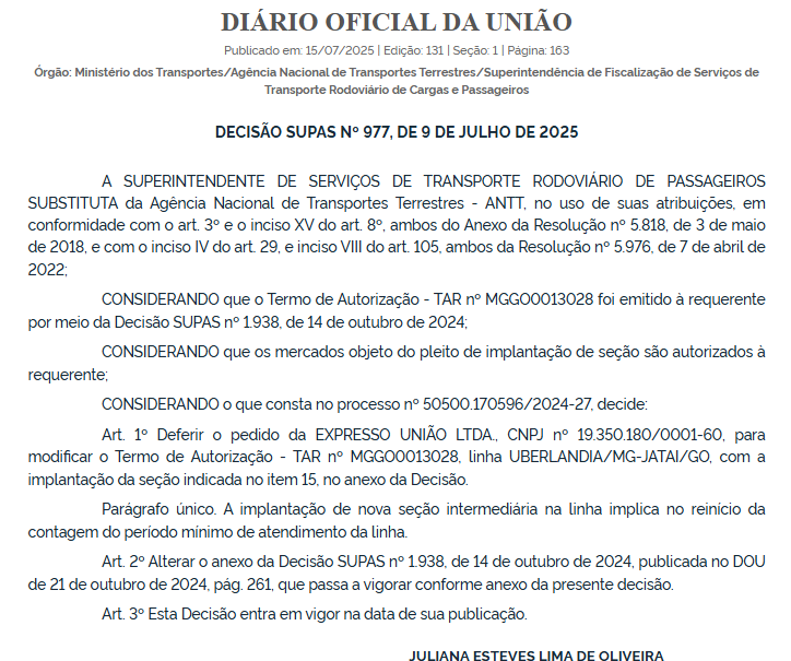 ANTT autoriza nova seção na linha Uberlândia x Jataí operada pela Expresso União 2 ANTT
