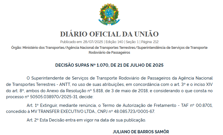 ANTT nega pedidos de autorização da GMC Transportes e extingue TAF da MV Transfer Executivo 1 ANTT