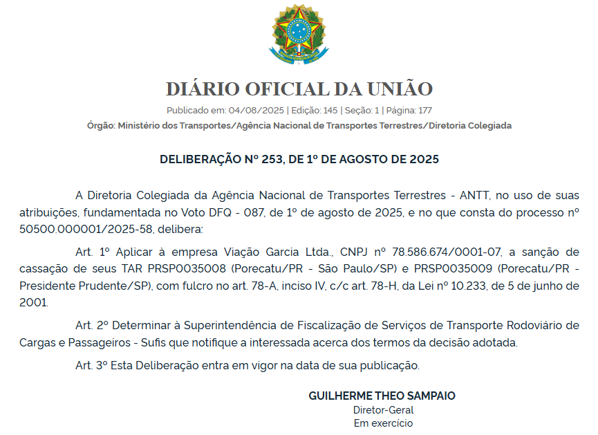 ANTT cassa autorizações da Viação Garcia para linhas entre Porecatu (PR) e cidades de SP 1 Captura de tela 2025 08 04 072507