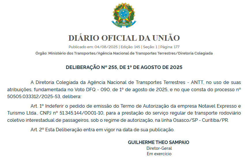 ANTT nega pedidos da Notavel Expresso para operar linhas de Osasco (SP) a Curitiba (PR) e Rio de Janeiro (RJ) 1 ANTT
