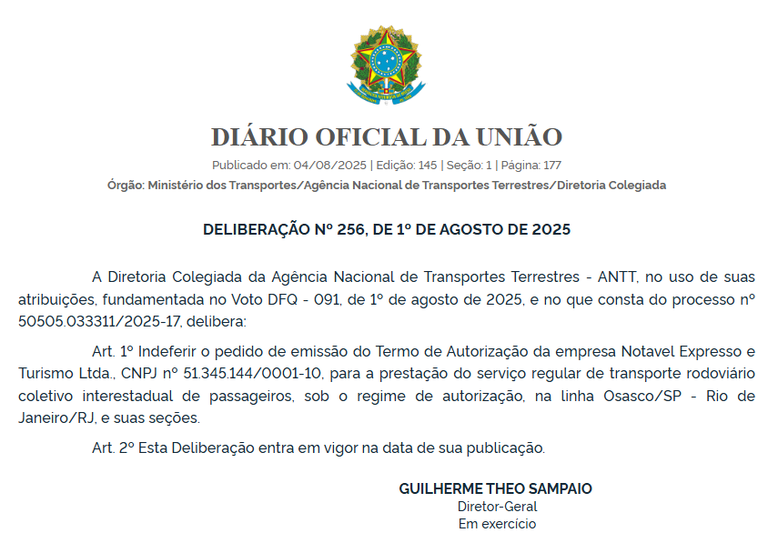 ANTT nega pedidos da Notavel Expresso para operar linhas de Osasco (SP) a Curitiba (PR) e Rio de Janeiro (RJ) 2 ANTT