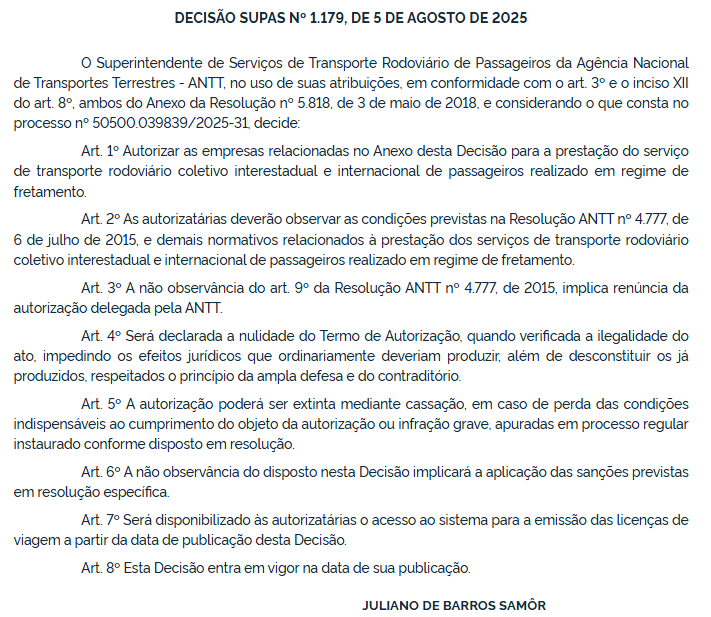 ANTT autoriza 34 empresas para fretamento interestadual e internacional de passageiros 5 ANTT