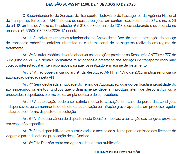 ANTT autoriza 34 empresas para fretamento interestadual e internacional de passageiros 1 ANTT