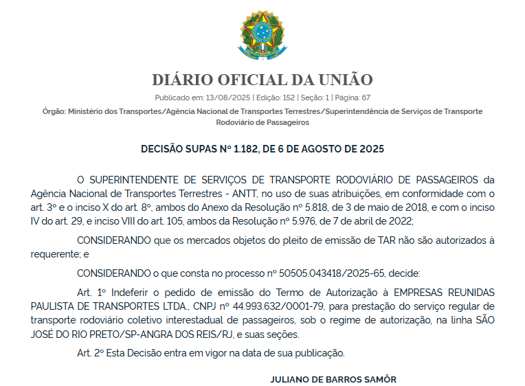 ANTT nega pedidos da Empresas Reunidas Paulista para operar linhas de São Paulo a Angra dos Reis 1 ANTT