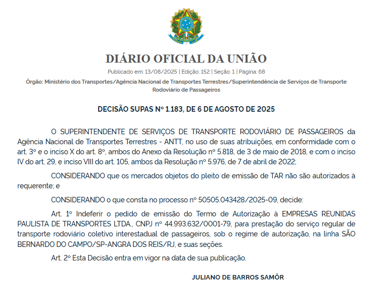ANTT nega pedidos da Empresas Reunidas Paulista para operar linhas de São Paulo a Angra dos Reis 2 ANTT