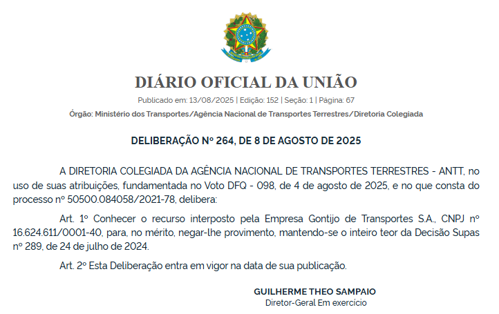 ANTT rejeita recursos da Gontijo e mantém autorizações para cinco empresas operarem novos mercados interestaduais 1 Captura de tela 2025 08 13 104125