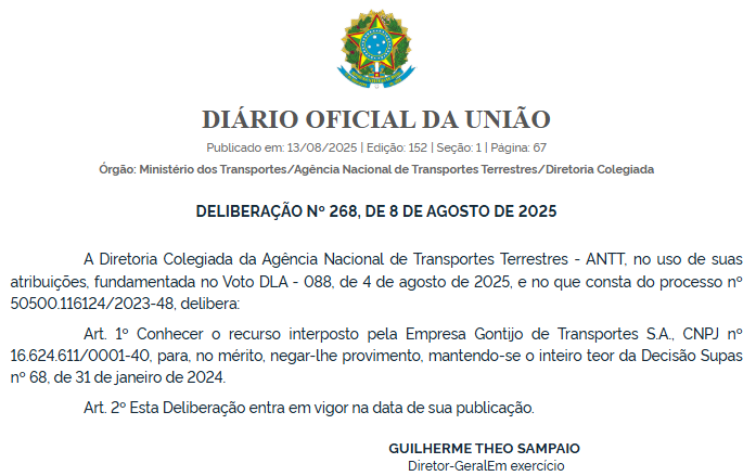 ANTT rejeita recursos da Gontijo e mantém autorizações para cinco empresas operarem novos mercados interestaduais 5 ANTT