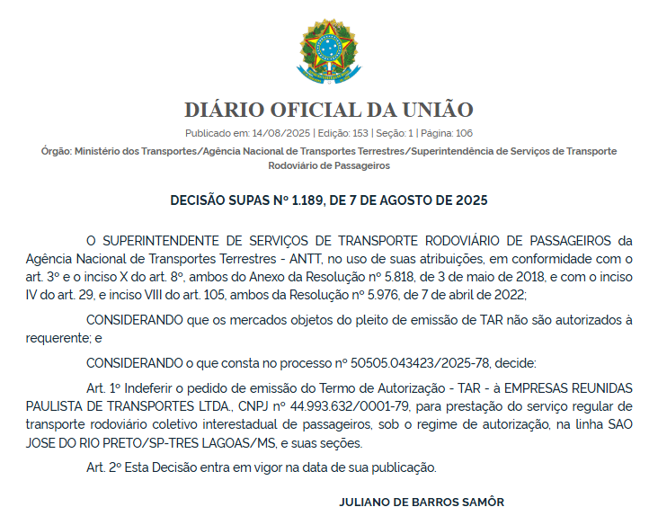 ANTT nega pedidos de novas linhas à Reunidas Paulista e à Viação Catarina 2 ANTT