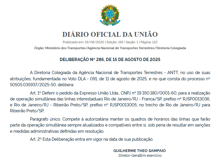 ANTT autoriza operação simultânea de linhas interestaduais da Expresso União em Minas Gerais e no Rio de Janeiro 2 ANTT