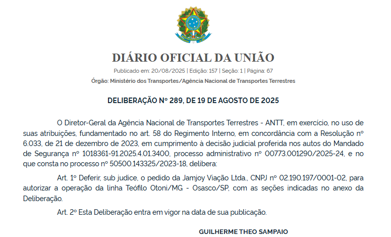 ANTT autoriza, por decisão judicial, operação de novas linhas interestaduais da Jamjoy entre Bahia, Minas e São Paulo 1 ANTT