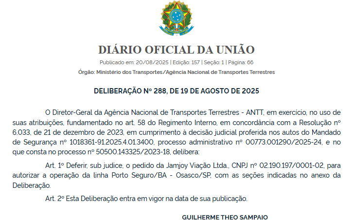 ANTT autoriza, por decisão judicial, operação de novas linhas interestaduais da Jamjoy entre Bahia, Minas e São Paulo 3 ANTT