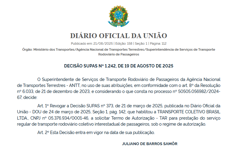 ANTT revoga habilitação da Transporte Coletivo Brasil para solicitar TAR 1 Captura de tela 2025 08 21 100043
