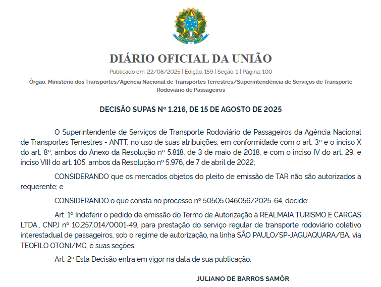 ANTT nega pedido da Realmaia Turismo para operar linha São Paulo – Jaguaquara via Teófilo Otoni 1 Captura de tela 2025 08 22 215926