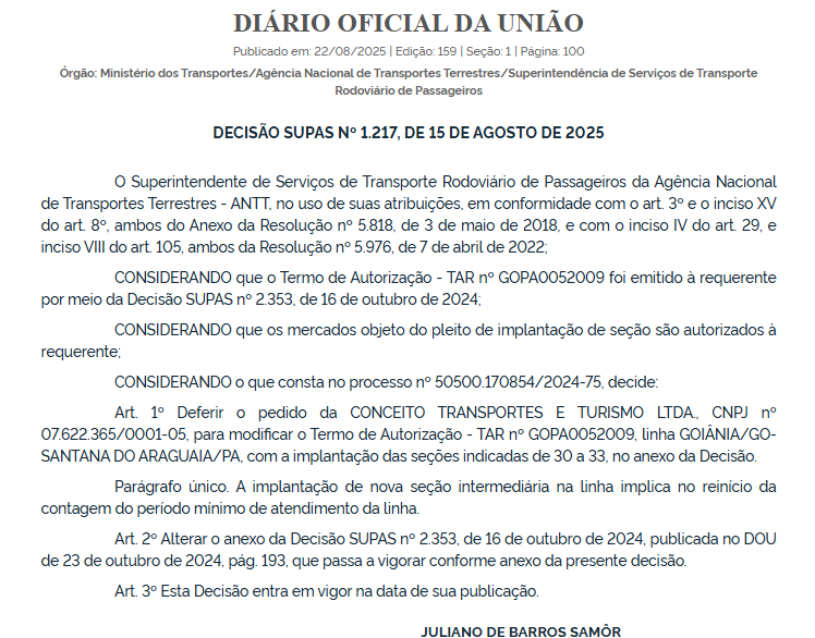 ANTT autoriza novas seções na linha Goiânia – Santana do Araguaia operada pela Expresso Concorrência 1 ANTT