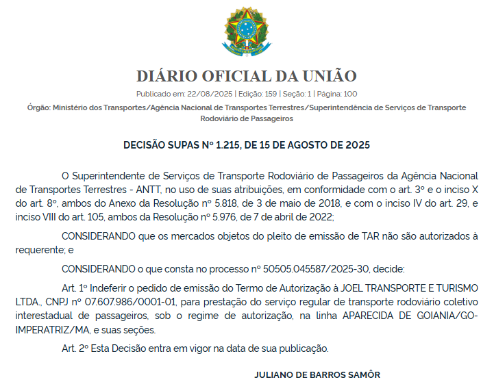 ANTT nega pedido da JTI Transportes e Turismo para operar linha Aparecida de Goiânia – Imperatriz 1 ANTT