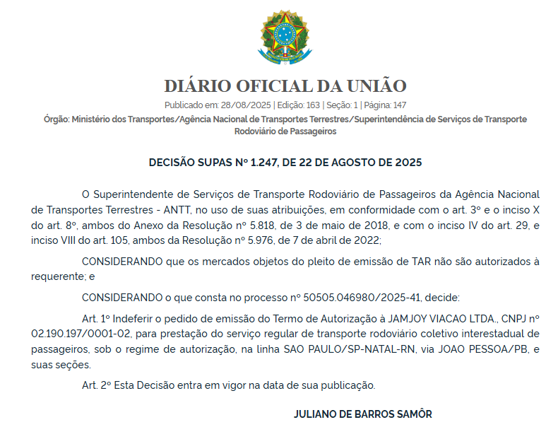 ANTT nega pedidos da Jamjoy para operar linha São Paulo–Natal em diferentes trajetos 1 ANTT
