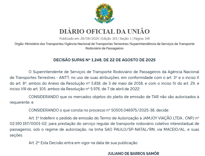 ANTT nega pedidos da Jamjoy para operar linha São Paulo–Natal em diferentes trajetos 2 ANTT