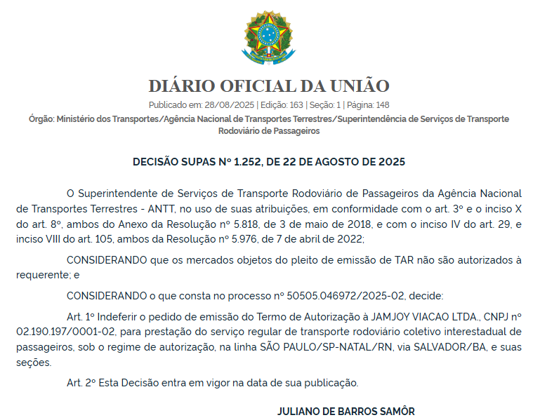 ANTT nega pedidos da Jamjoy para operar linha São Paulo–Natal em diferentes trajetos 6 ANTT