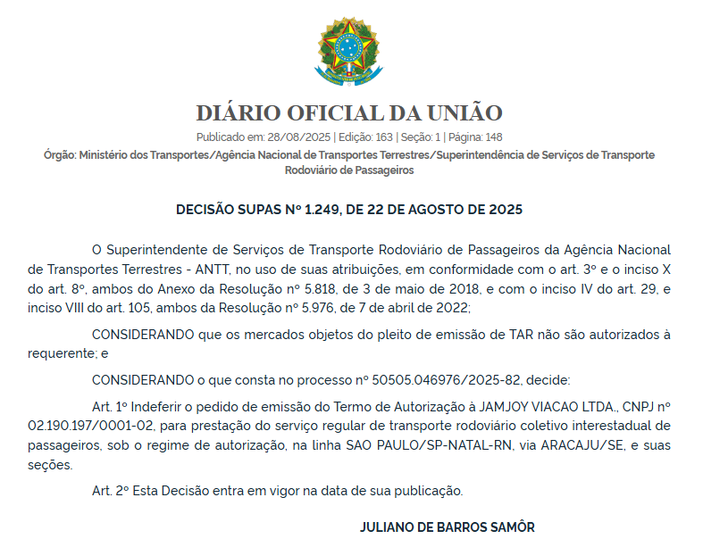 ANTT nega pedidos da Jamjoy para operar linha São Paulo–Natal em diferentes trajetos 3 ANTT