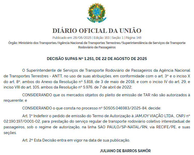 ANTT nega pedidos da Jamjoy para operar linha São Paulo–Natal em diferentes trajetos 5 ANTT