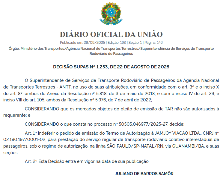 ANTT nega pedidos da Jamjoy para operar linha São Paulo–Natal em diferentes trajetos 7 ANTT