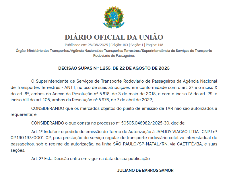 ANTT nega pedidos da Jamjoy para operar linha São Paulo–Natal em diferentes trajetos 8 ANTT