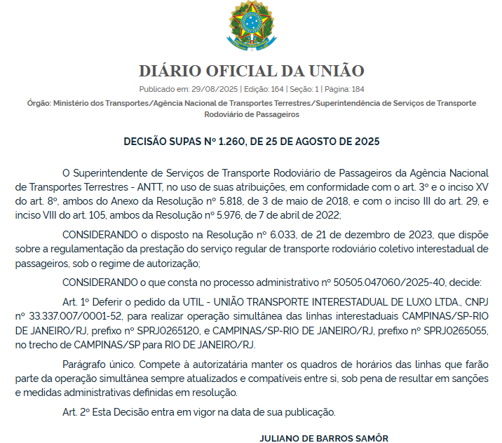 ANTT autoriza UTIL a operar linhas simultâneas entre Campinas e Rio de Janeiro 1 ANTT