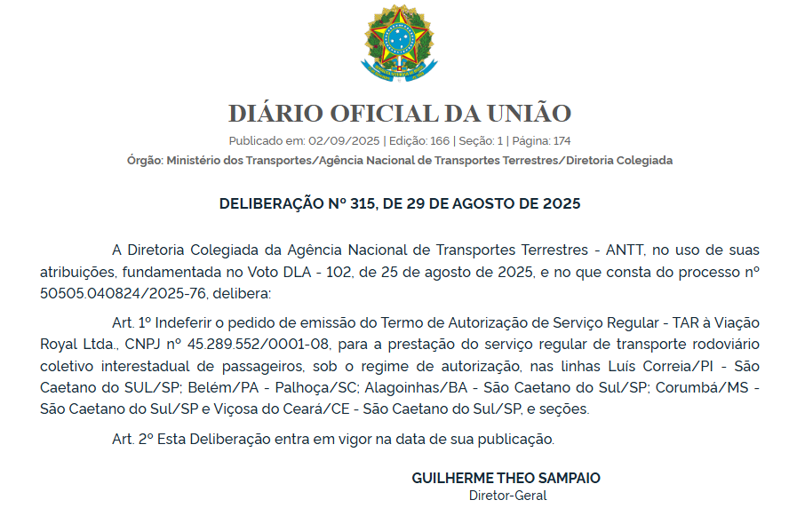 ANTT nega pedidos da Viação Royal para operar novas linhas interestaduais 1 ANTT