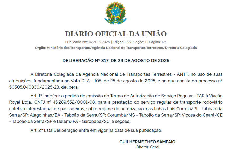 ANTT nega pedidos da Viação Royal para operar novas linhas interestaduais 3 Captura de tela 2025 09 02 055306