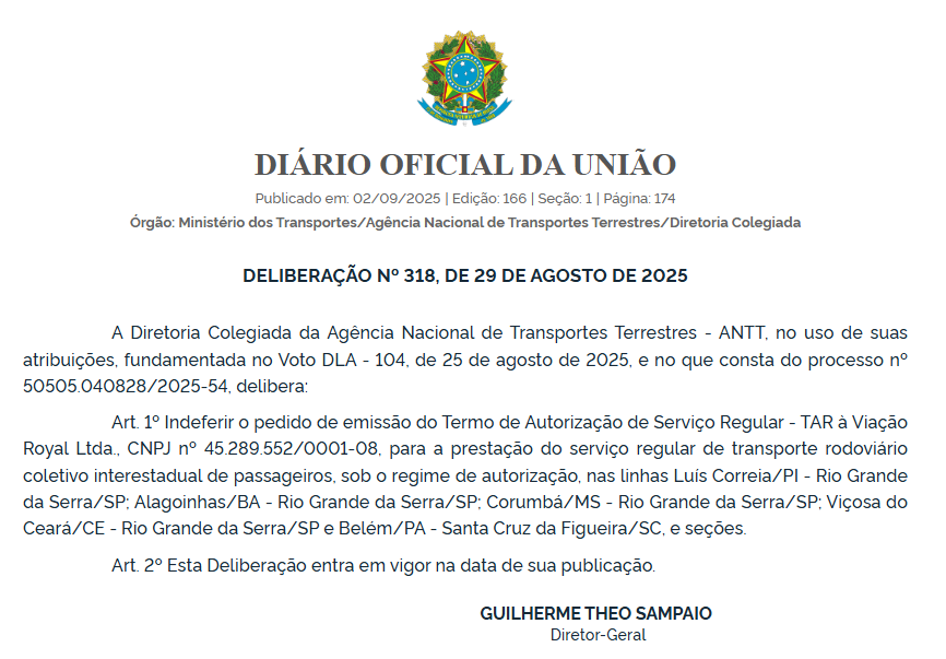 ANTT nega pedidos da Viação Royal para operar novas linhas interestaduais 4 ANTT