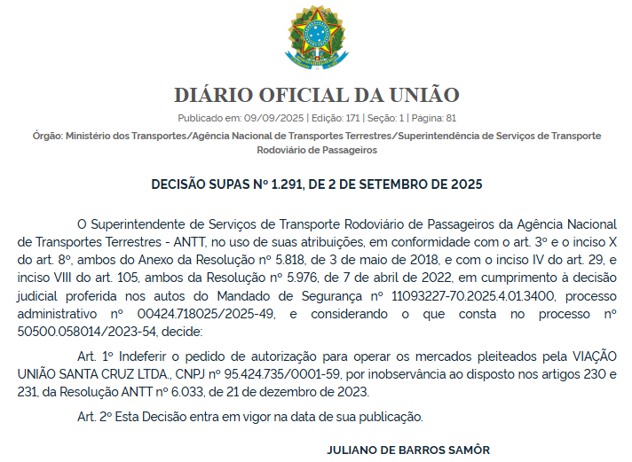 ANTT indefere pedidos de autorização das empresas Jotamar e União Santa Cruz 1 ANTT