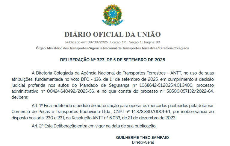 ANTT indefere pedidos de autorização das empresas Jotamar e União Santa Cruz 2 ANTT
