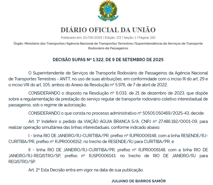 ANTT nega pedido da Águia Branca para operação simultânea de linhas interestaduais 1 ANTT