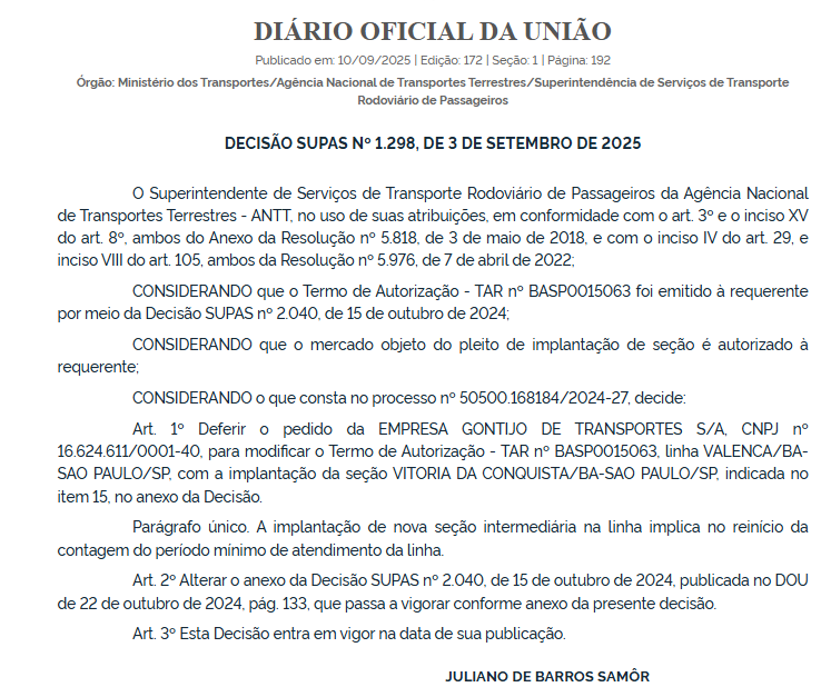 ANTT autoriza Gontijo a incluir Vitória da Conquista como seção em linha para São Paulo 1 ANTT