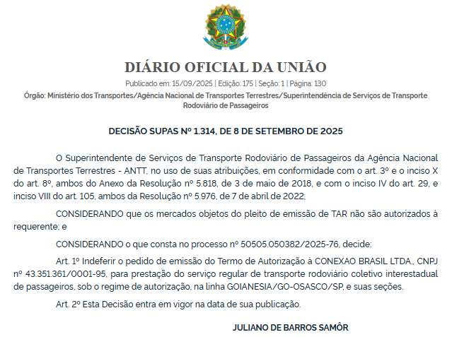 ANTT indefere pedidos da Conexão Brasil e da Danistur, arquiva solicitação da Aguiar Turismo e extingue autorização da Samuel Transporte 2 ANTT