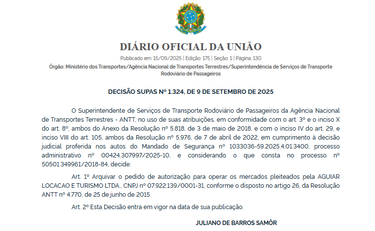 ANTT indefere pedidos da Conexão Brasil e da Danistur, arquiva solicitação da Aguiar Turismo e extingue autorização da Samuel Transporte 5 ANTT