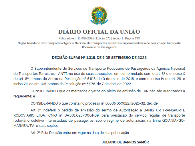 ANTT indefere pedidos da Conexão Brasil e da Danistur, arquiva solicitação da Aguiar Turismo e extingue autorização da Samuel Transporte 3 ANTT