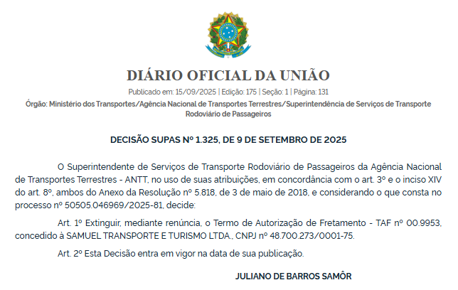ANTT indefere pedidos da Conexão Brasil e da Danistur, arquiva solicitação da Aguiar Turismo e extingue autorização da Samuel Transporte 4 ANTT