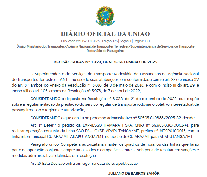ANTT autoriza Expresso Itamarati a integrar operação de linhas entre Cuiabá e Araputanga (MT) 1 ANTT